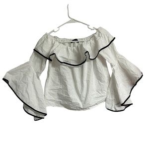 Zara basics Zara White Black Trim Cotton Off Shoulder Bell Sleeve Ruffle